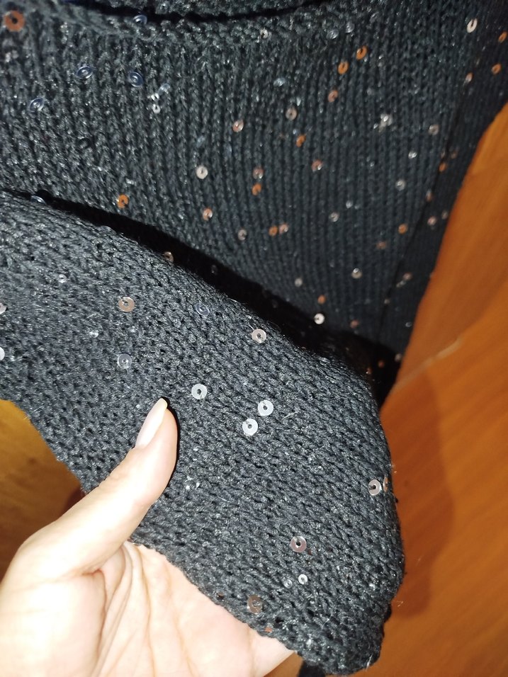 El Örgüsü Siyah  Pullu Drapeli Kadın Triko Süveter - Görsel 2