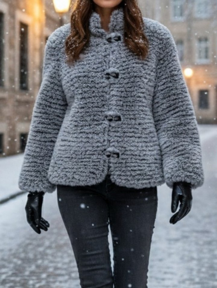 El Örgüsü Gri Peluş Kadın Kaban Midi Boy - Görsel 2