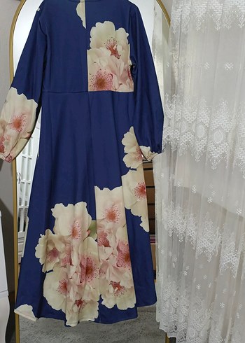 Mavi Uzun Çiçek Desenli Bohem Elbise - Görsel 2