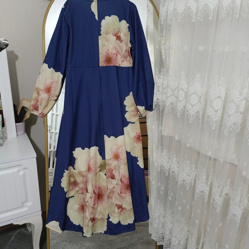 Mavi Uzun Çiçek Desenli Bohem Elbise - Görsel 2