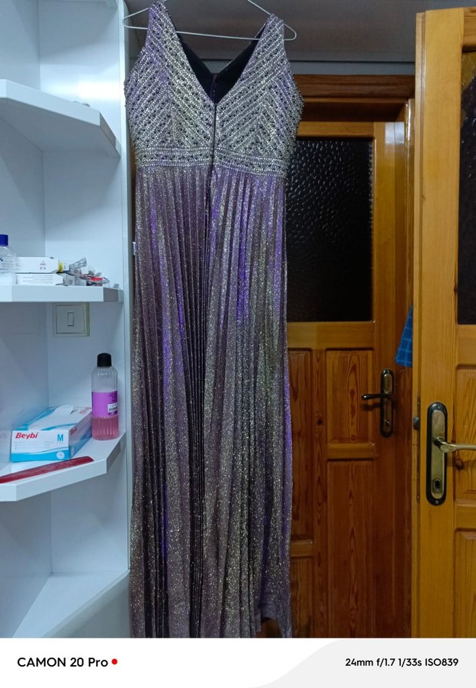 Parlak Mor Pilili Uzun Abiye Elbise - Görsel 2