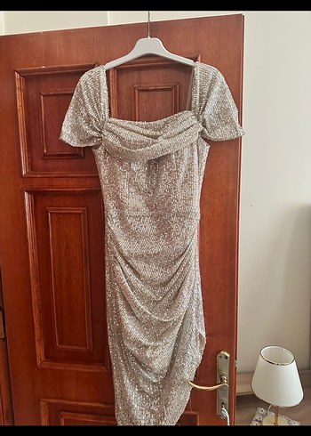 Bej Drapeli Uzun İp Askılı Kadın Abiye Elbise - Görsel 3