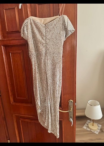 Bej Drapeli Uzun İp Askılı Kadın Abiye Elbise - Görsel 2