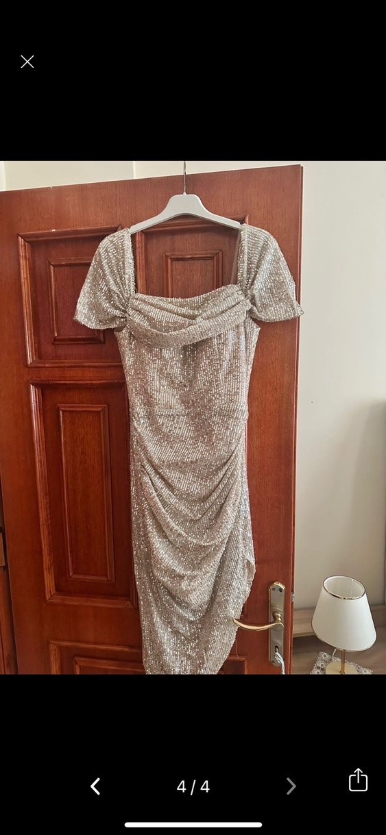 Bej Drapeli Uzun İp Askılı Kadın Abiye Elbise - Görsel 3