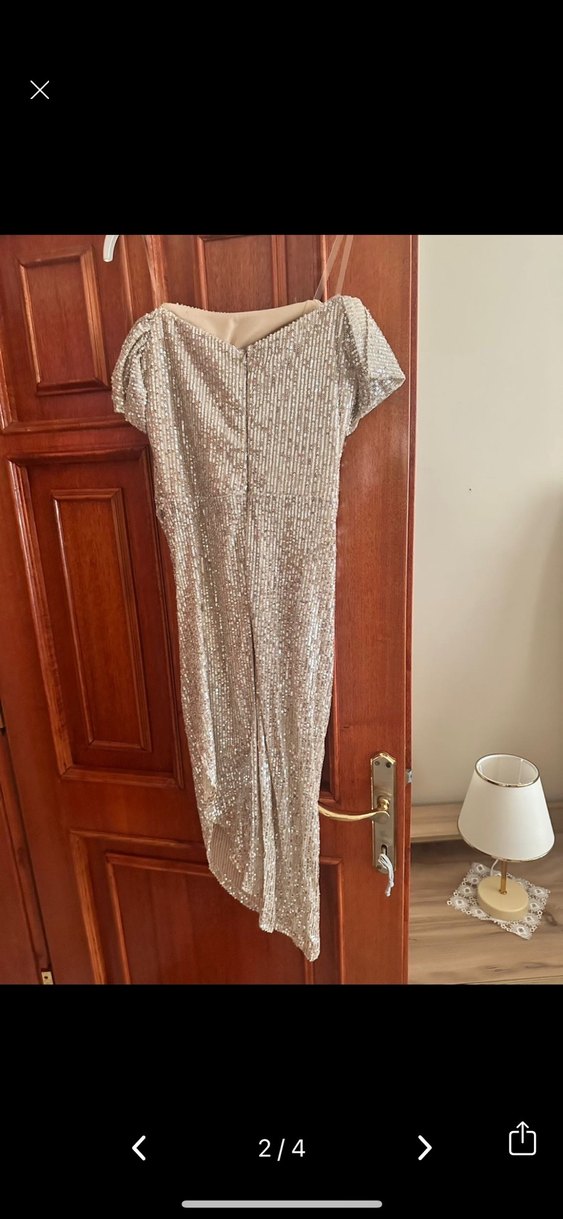 Bej Drapeli Uzun İp Askılı Kadın Abiye Elbise - Görsel 2