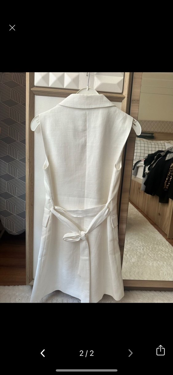 Kadın Beyaz Keten Kolsuz Mini Yelek - Görsel 2