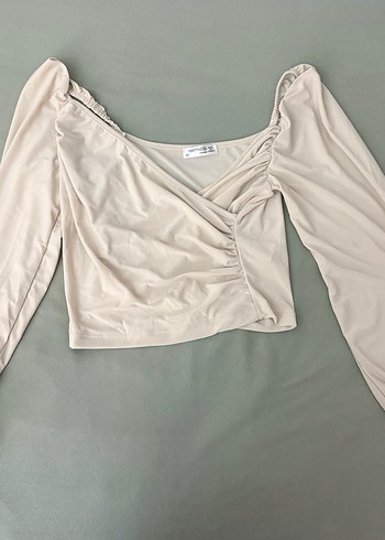 Bej V Yaka Drapeli Kadın Bluz - Görsel 2