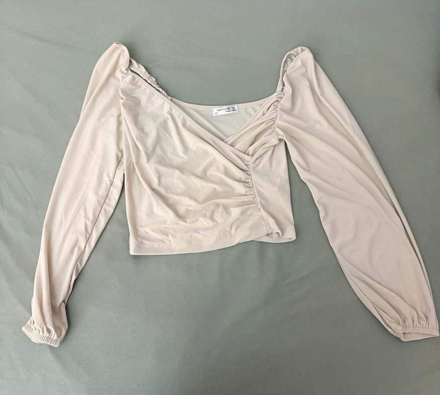 Bej V Yaka Drapeli Kadın Bluz - Görsel 2