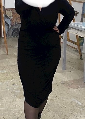 Büyük Beden V Yaka Kemerli Kalem Elbise - Görsel 2