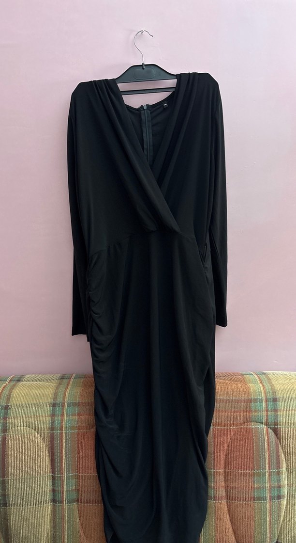 Büyük Beden V Yaka Kemerli Kalem Elbise - Görsel 3