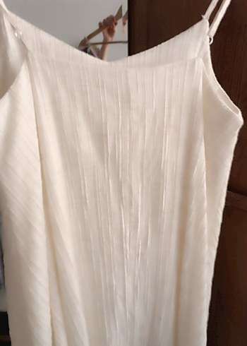 Beyaz Piliseli Keten Askılı Uzun Elbise - Görsel 3