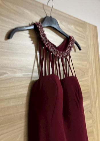 Bordo Uzun Drapeli Abiye Elbise - Görsel 3