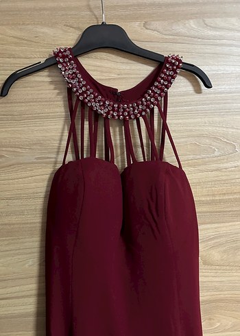 Bordo Uzun Drapeli Abiye Elbise - Görsel 2