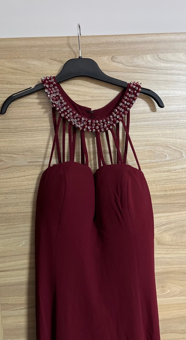 Bordo Uzun Drapeli Abiye Elbise - Görsel 2