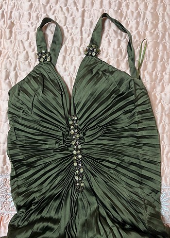 Drapeli Straplez Uzun Yeşil Abiye Elbise - Görsel 3