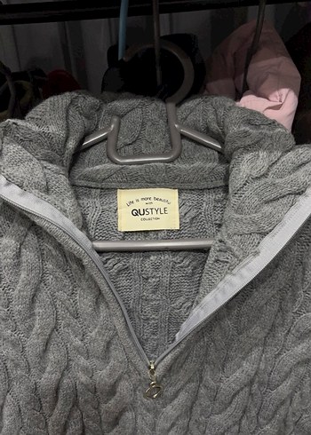 Gri Örgülü triko önü fermuarlı kazak - Görsel 2