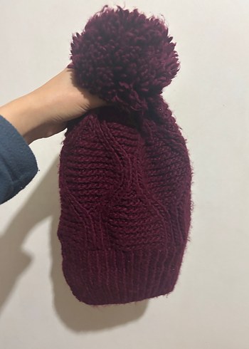 Bordo Ponponlu Kadın Örgü Bere - Görsel 2