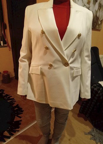 Kadın Beyaz Düğmeli Midi Blazer Ceket - Görsel 7