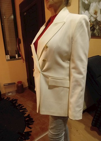 Kadın Beyaz Düğmeli Midi Blazer Ceket - Görsel 6