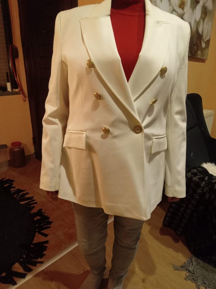 Kadın Beyaz Düğmeli Midi Blazer Ceket - Görsel 5