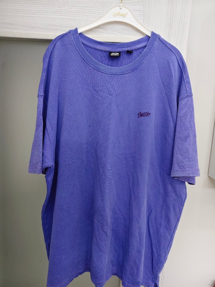 Erkek Mor Keten Kısa Kollu Salaş Tişört - Görsel 2