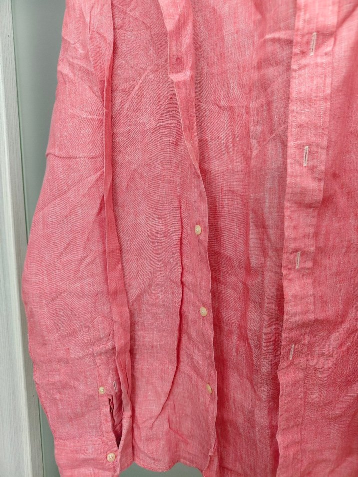 Pembe Keten Erkek Gömlek, Uzun Kollu, Düğmeli - Görsel 2