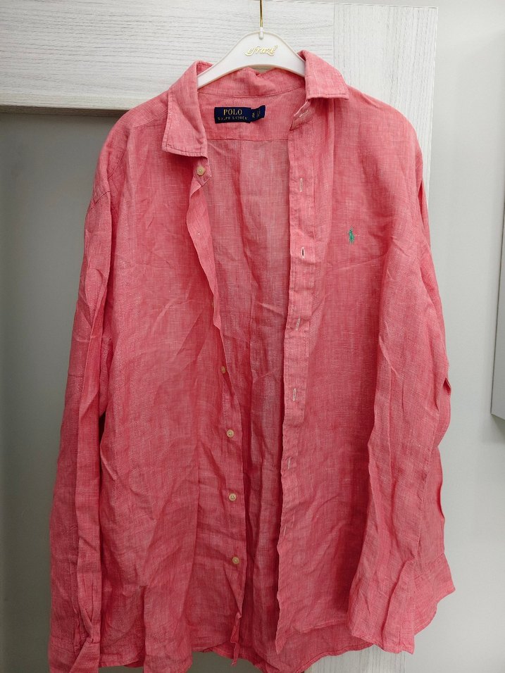 Pembe Keten Erkek Gömlek, Uzun Kollu, Düğmeli - Görsel 4