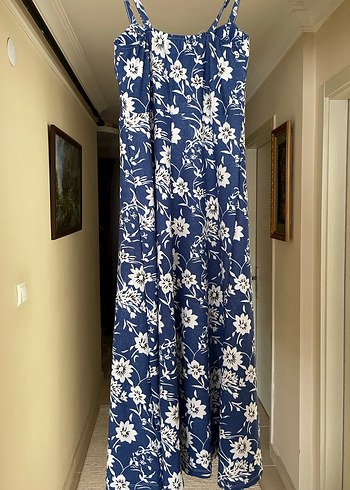 Yazlık Desenli Lacivert Uzun Kadın Elbise - Görsel 3