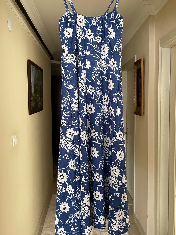 Yazlık Desenli Lacivert Uzun Kadın Elbise - Görsel 3