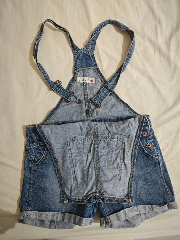 Mavi Kot Askılı Şort Tulum - Görsel 3