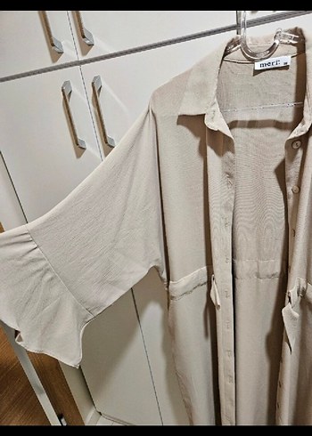 Bej Uzun Kesim Keten Kadın Kaban - Görsel 2