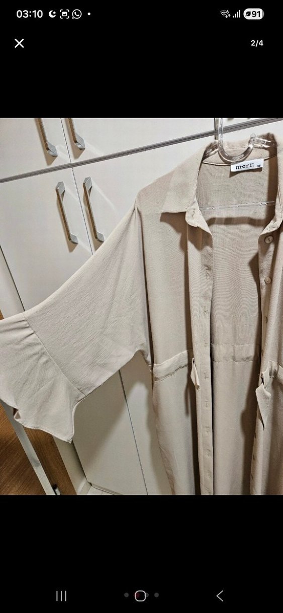 Bej Uzun Kesim Keten Kadın Kaban - Görsel 2