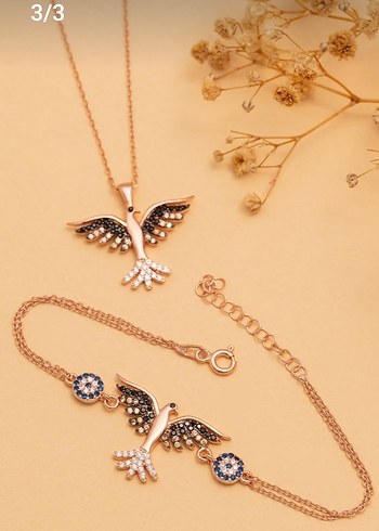 Boncuklu 925 ayar gümüş  Altın kaplama Kuş Figürlü Kadın Kolye - Görsel 2