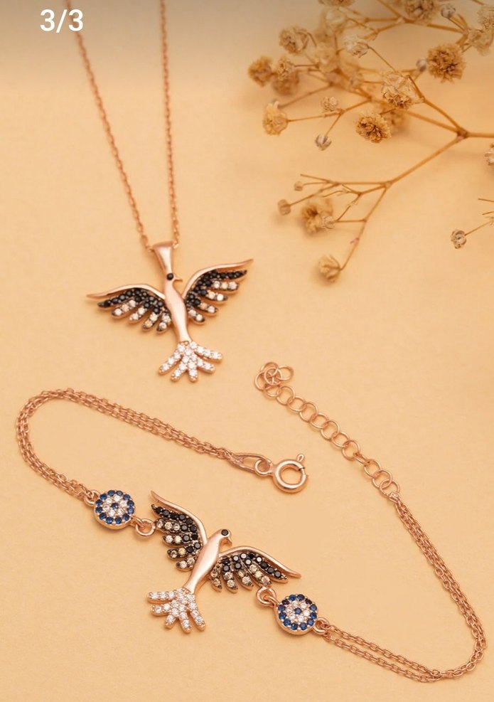 Boncuklu 925 ayar gümüş  Altın kaplama Kuş Figürlü Kadın Kolye - Görsel 2