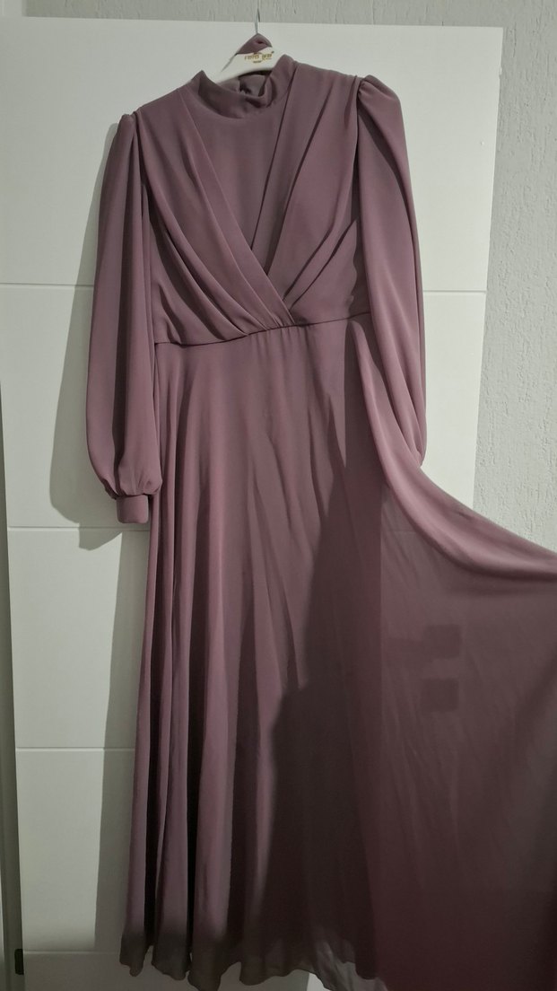 Mor Uzun Kollu Drapeli Kadın Elbise - Görsel 2