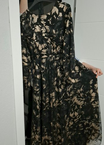 Uzun Kol Siyah Batik Desenli Salaş Abiye - Görsel 2