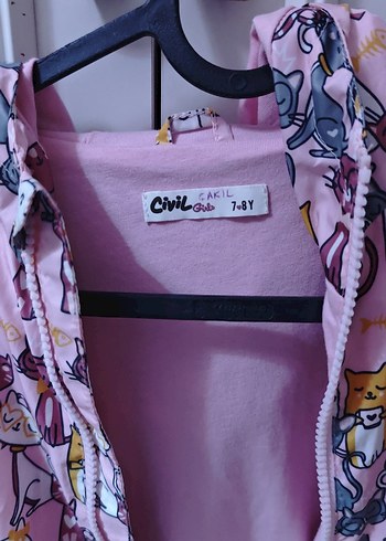 Kız Çocuk Pembe Kedi Baskılı Fermuarlı Yağmurluk - Görsel 2