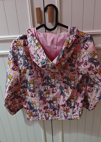 Kız Çocuk Pembe Kedi Baskılı Fermuarlı Yağmurluk - Görsel 3