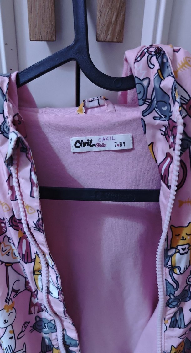 Kız Çocuk Pembe Kedi Baskılı Fermuarlı Yağmurluk - Görsel 2