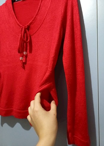 Kırmızı V Yaka Triko Kadın Kazak - Görsel 2