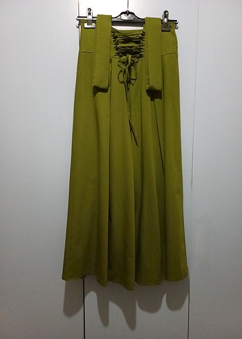 Haki Kadın Ayarlanabilir Askılı Uzun Pliseli Etek - Görsel 3