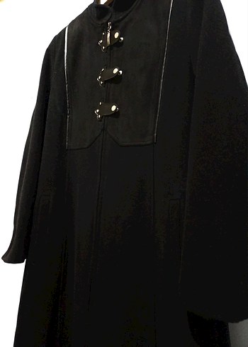 Uzun Siyah Kadın Süet-Kaşe Goth Kaban - Görsel 3