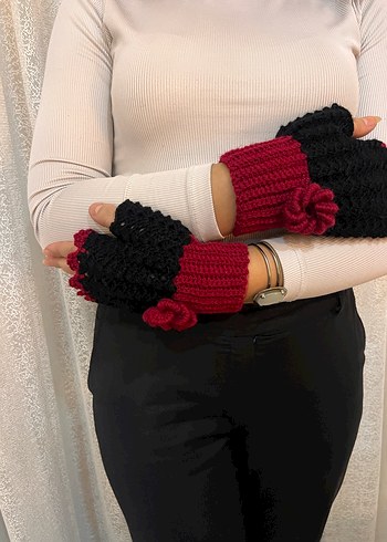 Kırmızı Siyah Örgü Bohem Kadın Eldiveni - Görsel 2