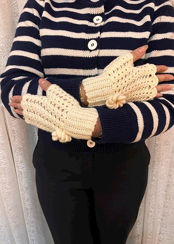 Beyaz Örgü Bohem Kadın Eldiveni - Görsel 2