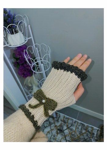 Bohem Tarz yeşil Beyaz Örgü Eldiven - Görsel 2