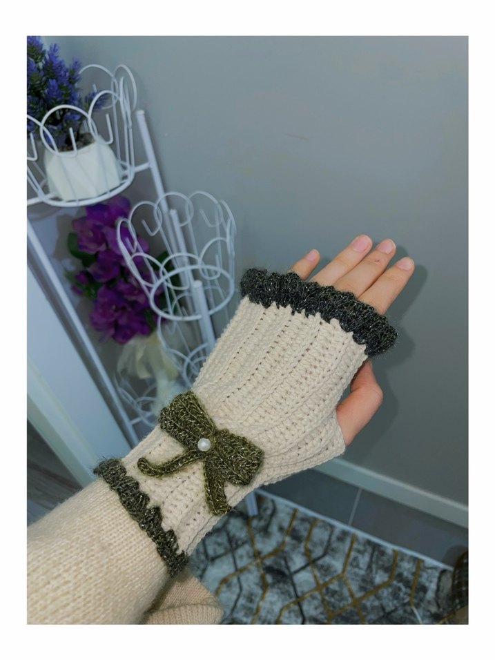 Bohem Tarz yeşil Beyaz Örgü Eldiven - Görsel 2