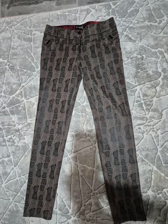 Krem kahve Yılan Desenli Kemerli Pantolon - Görsel 2