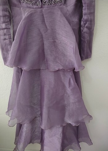 Mor Uzun Kollu Vintage Abiye Elbise - Görsel 3