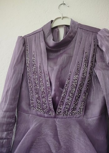 Mor Uzun Kollu Vintage Abiye Elbise - Görsel 2