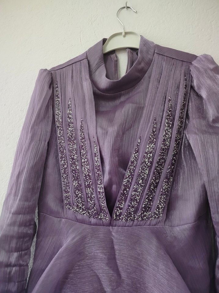 Mor Uzun Kollu Vintage Abiye Elbise - Görsel 2